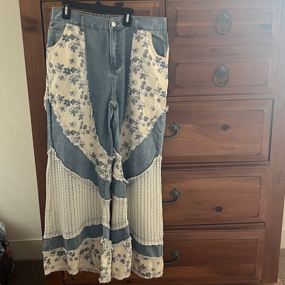 POL Blue and Cream Patchwork Wide Leg Jeans